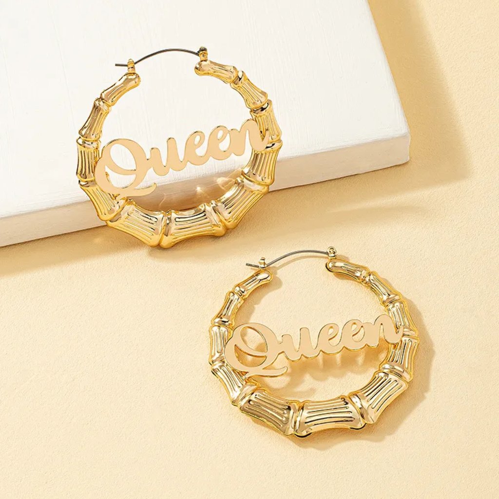 Gold Queen Bamboo Hoop Streetwear Earrings New 17$